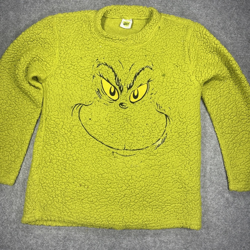 The Grinch Womens Medium Green Sherpa Fleece Embroidered Face Sweatshirt